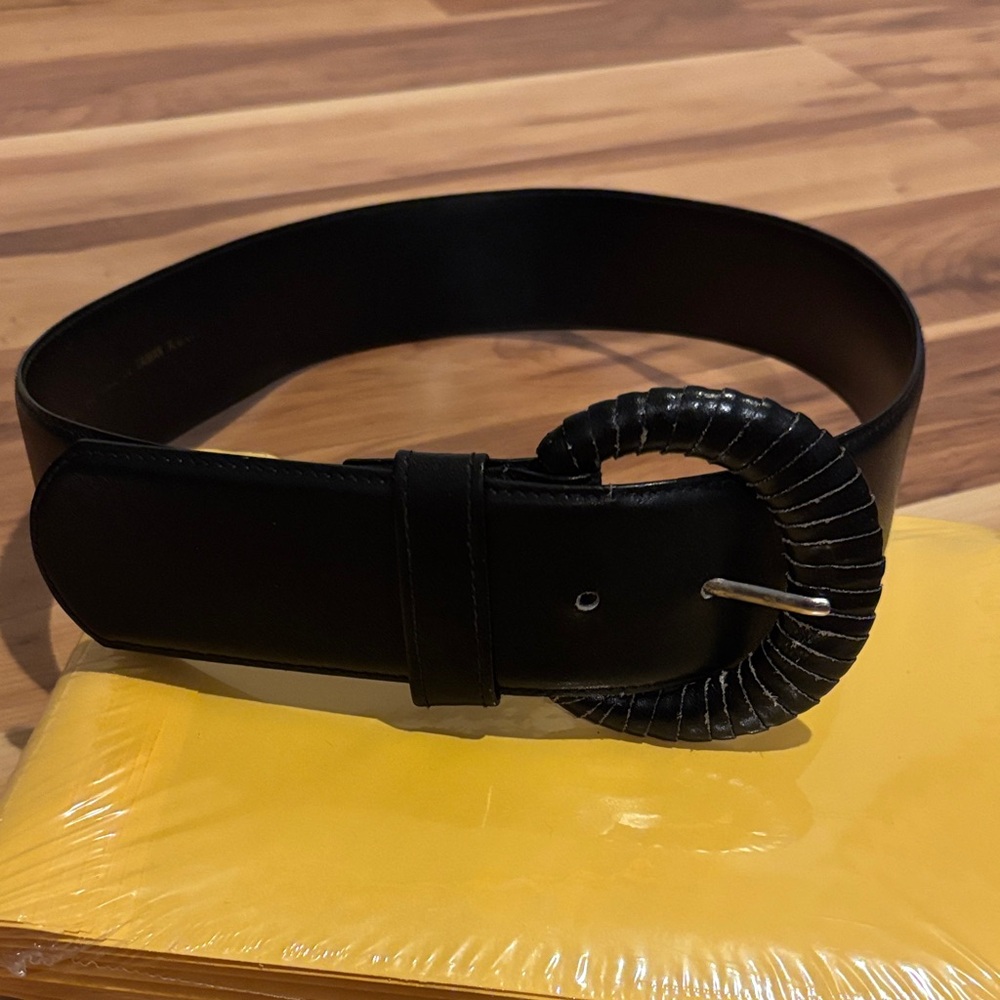 Black Leather Belt with Textured Buckle